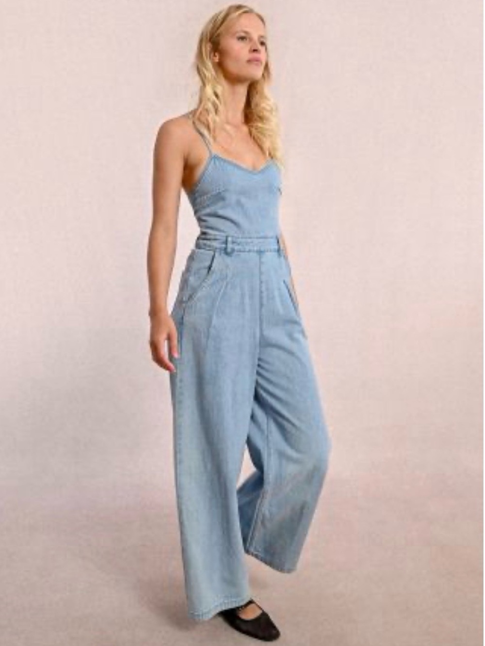 NWT Molly Bracken Light Blue Denim Jumpsuit With Thin Straps Wide Leg Sz L